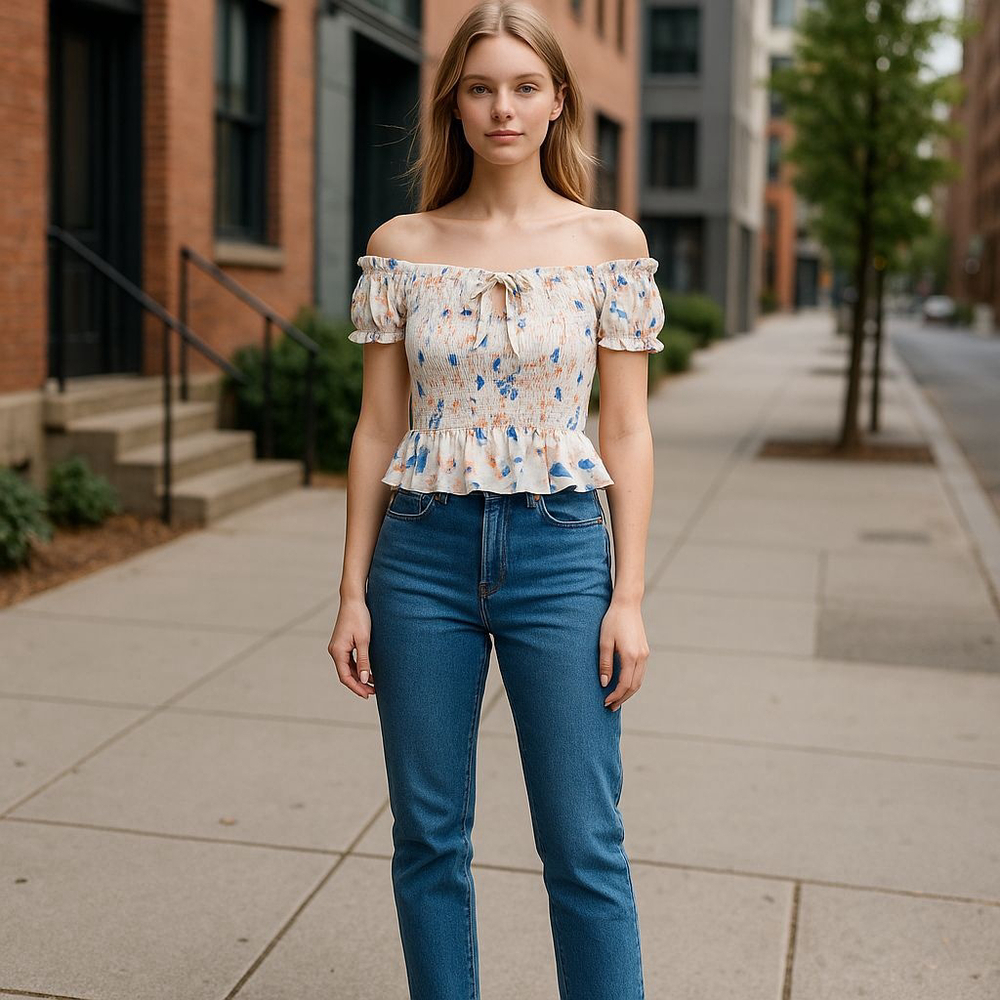 BCBGeneration Off the Shoulder Smocked Crop Top with Ruffle Hem